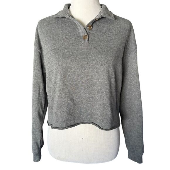 Wild Fable Gray Polo Button Long Sleeved Casual Relaxed Cropped Shirt Top - Picture 1 of 6